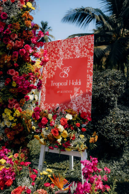 Signage and Floral detail — Haldi decor — ITC Grand Goa